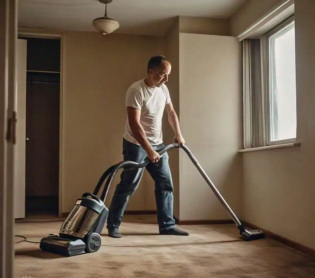 CR Cleaning Pros worker vaccuming the carpet