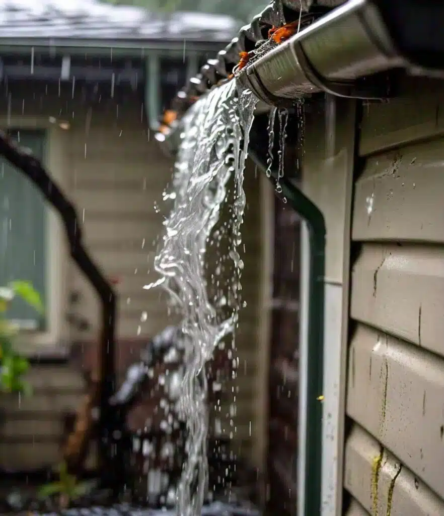 overflowing water through gutter during rainfall